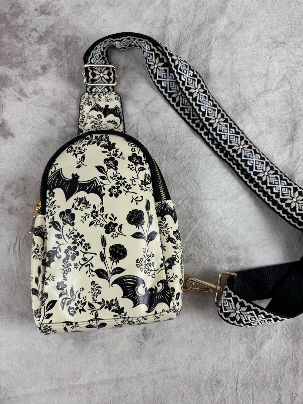 Cream and Black Floral Bat Pattern Crossbody Sling Bag